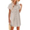 imageZeagoo Womens Button Down Shirt Dress Summer Cotton Linen Dress VNeck Mini Dress Casual Short Sleeve Loose Tunic DressesBrownwhite Stripe