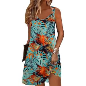 imageZeagoo Summer Dresses for Women Boho Beach Dress Sleeveless Sundresses with Pockets Casual Loose Tank Tshirt Sun DressLeaf Print