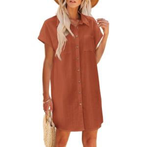 imageZeagoo Womens Button Down Shirt Dress Summer Cotton Linen Dress VNeck Mini Dress Casual Short Sleeve Loose Tunic DressesBrick Red