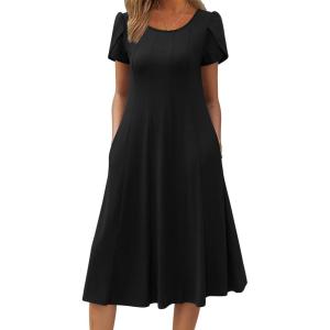 imageZeagoo Womens Casual Dress for Summer Short Sleeve Pleated Dress Loose Flowy Beach Dress with Pockets Flare Midi SundressAblack
