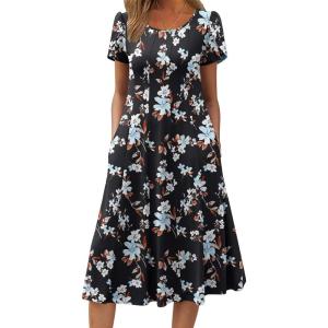 imageZeagoo Womens Casual Dress for Summer Short Sleeve Pleated Dress Loose Flowy Beach Dress with Pockets Flare Midi SundressBlack Flower