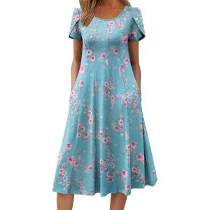 imageZeagoo Womens Casual Dress for Summer Short Sleeve Pleated Dress Loose Flowy Beach Dress with Pockets Flare Midi SundressBlue Flower