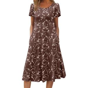 imageZeagoo Womens Casual Dress for Summer Short Sleeve Pleated Dress Loose Flowy Beach Dress with Pockets Flare Midi SundressBrown Floral