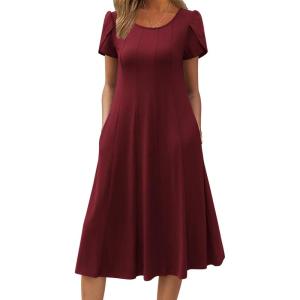 imageZeagoo Womens Casual Dress for Summer Short Sleeve Pleated Dress Loose Flowy Beach Dress with Pockets Flare Midi SundressBurgundy