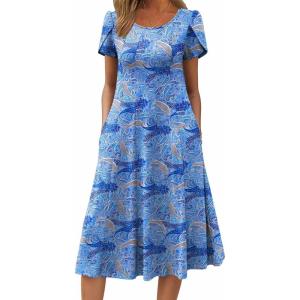 imageZeagoo Womens Casual Dress for Summer Short Sleeve Pleated Dress Loose Flowy Beach Dress with Pockets Flare Midi SundressCashew Blue Print