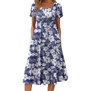 imageZeagoo Womens Casual Dress for Summer Short Sleeve Pleated Dress Loose Flowy Beach Dress with Pockets Flare Midi SundressDeep Blue Flower
