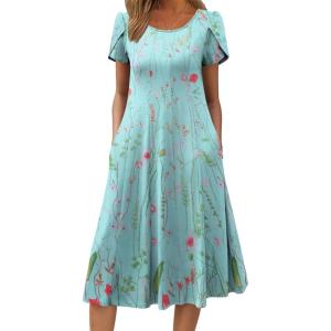 imageZeagoo Womens Casual Dress for Summer Short Sleeve Pleated Dress Loose Flowy Beach Dress with Pockets Flare Midi SundressGreen Flower