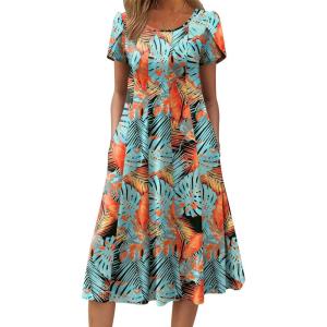imageZeagoo Womens Casual Dress for Summer Short Sleeve Pleated Dress Loose Flowy Beach Dress with Pockets Flare Midi SundressLeaf Print