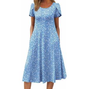 imageZeagoo Womens Casual Dress for Summer Short Sleeve Pleated Dress Loose Flowy Beach Dress with Pockets Flare Midi SundressLight Blue Floral