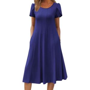 imageZeagoo Womens Casual Dress for Summer Short Sleeve Pleated Dress Loose Flowy Beach Dress with Pockets Flare Midi SundressNavy Blue