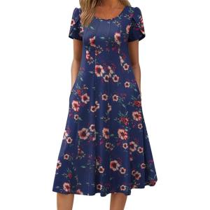 imageZeagoo Womens Casual Dress for Summer Short Sleeve Pleated Dress Loose Flowy Beach Dress with Pockets Flare Midi SundressNavy Flower