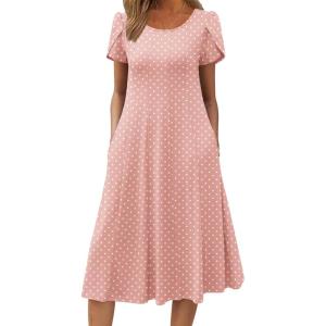 imageZeagoo Womens Casual Dress for Summer Short Sleeve Pleated Dress Loose Flowy Beach Dress with Pockets Flare Midi SundressPink Dot