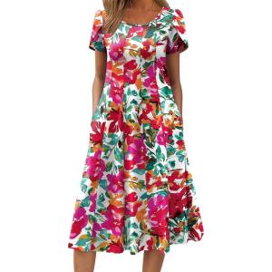 imageZeagoo Womens Casual Dress for Summer Short Sleeve Pleated Dress Loose Flowy Beach Dress with Pockets Flare Midi SundressPink Floral