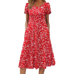 imageZeagoo Womens Casual Dress for Summer Short Sleeve Pleated Dress Loose Flowy Beach Dress with Pockets Flare Midi SundressRed Floral