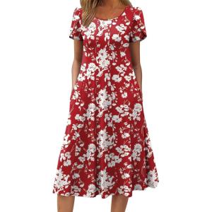 imageZeagoo Womens Casual Dress for Summer Short Sleeve Pleated Dress Loose Flowy Beach Dress with Pockets Flare Midi SundressRed Flower