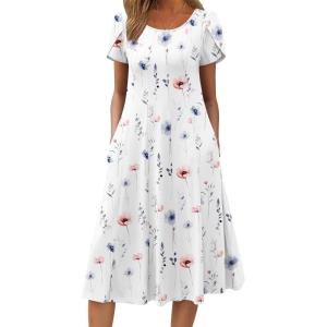 imageZeagoo Womens Casual Dress for Summer Short Sleeve Pleated Dress Loose Flowy Beach Dress with Pockets Flare Midi SundressWhite Floral
