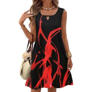 imageZeagoo Womens Casual Summer Dresses 2025 Boho Sleeveless Sundresses with Pockets Pleated Beach Floral T Shirt DressesBlack Redprinted