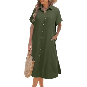 imageZeagoo Womens Dress Summer Casual Short Sleeve Button Down Shirt Dress Beach Cover Up Dress with PocketsA02army Green