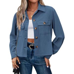 imageZeagoo Womens Fashion Cropped Shackets Corduroy Button Down Crop Jackets Tops Long Sleeve Shirts Trendy 2025Light Blue