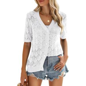 imageZeagoo Womens Short Sleeve 2025 Summer Crochet Cropped Cardigan V Neck Button up Bolero Shrug SweaterWhite