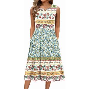 imageZeagoo Womens Summer Tank Midi Dress with Pockets Sleeveless ALine Dress Casual Floral TShirt Dress Flowy Beach SundressBlue Yellow Ethnic Print