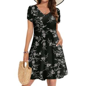 imageZeagoo Womens Summer ALine Dress with Pockets Mini Short Sleeve Dresses Flowy Beach Swing Dress 2025 Vacation TravelBlack Print