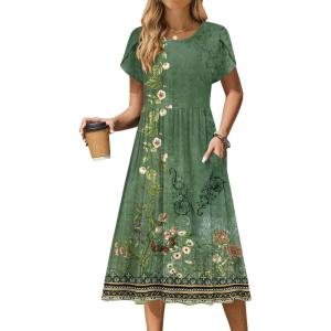 imageZeagoo Women Summer Short Sleeve Midi Dress with Pockets Casual Aline Flowy Tshirt Dress Floral Vocation Beach Sundress01green Printed