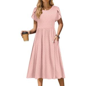 imageZeagoo Women Summer Short Sleeve Midi Dress with Pockets Casual Aline Flowy Tshirt Dress Floral Vocation Beach Sundress01pink Round Dot