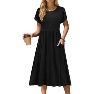 imageZeagoo Women Summer Short Sleeve Midi Dress with Pockets Casual Aline Flowy Tshirt Dress Floral Vocation Beach SundressBlack