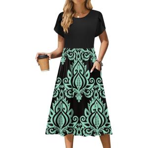 imageZeagoo Women Summer Short Sleeve Midi Dress with Pockets Casual Aline Flowy Tshirt Dress Floral Vocation Beach SundressBlue Floral Black