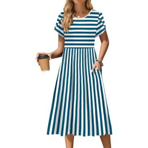 imageZeagoo Women Summer Short Sleeve Midi Dress with Pockets Casual Aline Flowy Tshirt Dress Floral Vocation Beach SundressBlue White Stripe
