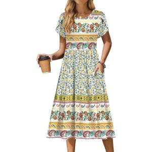 imageZeagoo Women Summer Short Sleeve Midi Dress with Pockets Casual Aline Flowy Tshirt Dress Floral Vocation Beach SundressBlue Yellow Bohemian