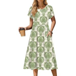 imageZeagoo Women Summer Short Sleeve Midi Dress with Pockets Casual Aline Flowy Tshirt Dress Floral Vocation Beach SundressEthnic Patterngreen