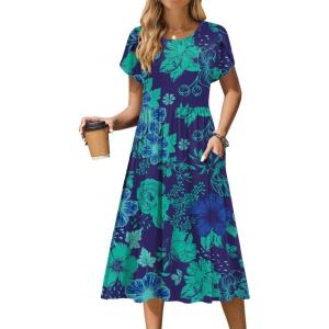 imageZeagoo Women Summer Short Sleeve Midi Dress with Pockets Casual Aline Flowy Tshirt Dress Floral Vocation Beach SundressGreen Floral Dark Blue