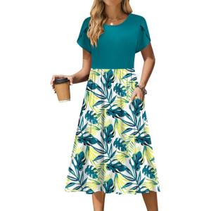 imageZeagoo Women Summer Short Sleeve Midi Dress with Pockets Casual Aline Flowy Tshirt Dress Floral Vocation Beach SundressGreen Leaf Floral