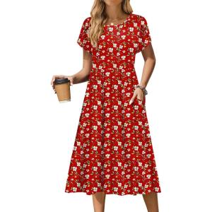 imageZeagoo Women Summer Short Sleeve Midi Dress with Pockets Casual Aline Flowy Tshirt Dress Floral Vocation Beach SundressRed Floral