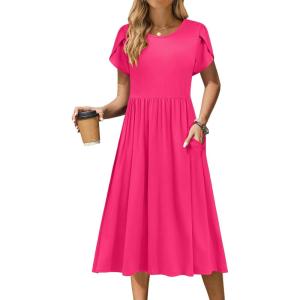 imageZeagoo Women Summer Short Sleeve Midi Dress with Pockets Casual Aline Flowy Tshirt Dress Floral Vocation Beach SundressRose Red