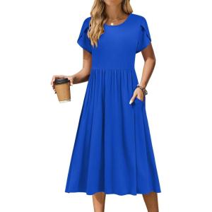 imageZeagoo Women Summer Short Sleeve Midi Dress with Pockets Casual Aline Flowy Tshirt Dress Floral Vocation Beach SundressSky Blue