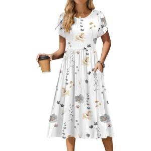 imageZeagoo Women Summer Short Sleeve Midi Dress with Pockets Casual Aline Flowy Tshirt Dress Floral Vocation Beach SundressWhite Floral
