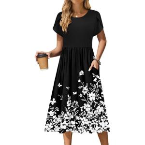 imageZeagoo Women Summer Short Sleeve Midi Dress with Pockets Casual Aline Flowy Tshirt Dress Floral Vocation Beach SundressWhite Floral Black