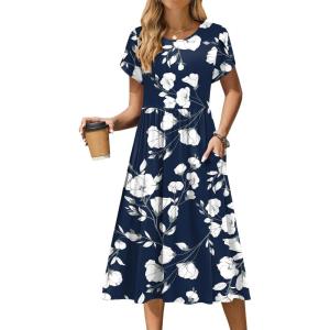 imageZeagoo Women Summer Short Sleeve Midi Dress with Pockets Casual Aline Flowy Tshirt Dress Floral Vocation Beach SundressWhite Floral Blue