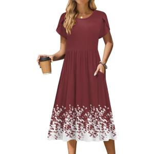 imageZeagoo Women Summer Short Sleeve Midi Dress with Pockets Casual Aline Flowy Tshirt Dress Floral Vocation Beach SundressWine Red Floral