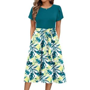 imageZeagoo Womens Midi Dress Summer Short Sleeve Dress with Pockets 2025 Casual Floral TShirt Dress Flowy Beach SundressBluegreenfloral