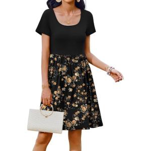 imageZeagoo Womens Casual Dress Floral Patchwork Summer Dress Square Neck Short Sleeve A Line Flowy Swing Mini Dress with PocketsPat7
