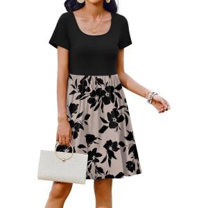 imageZeagoo Womens Casual Dress Floral Patchwork Summer Dress Square Neck Short Sleeve A Line Flowy Swing Mini Dress with PocketsPat8
