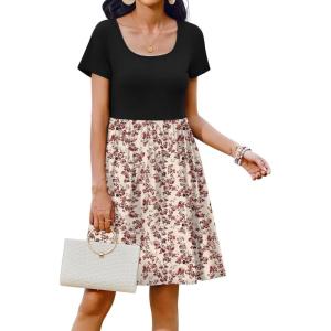 imageZeagoo Womens Casual Dress Floral Patchwork Summer Dress Square Neck Short Sleeve A Line Flowy Swing Mini Dress with PocketsPat9