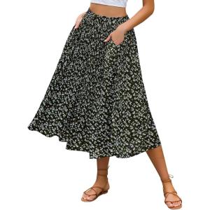 imageZeagoo Womens Midi Skirts High Waisted Pleated ALine Swing Skirts Summer Floral Long Skirts with PocketsFloralblack