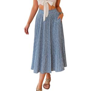 imageZeagoo Womens Midi Skirts High Waisted Pleated ALine Swing Skirts Summer Floral Long Skirts with PocketsFlorallight Blue