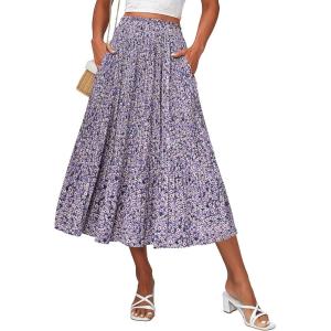 imageZeagoo Womens Midi Skirts High Waisted Pleated ALine Swing Skirts Summer Floral Long Skirts with PocketsFloralpurple