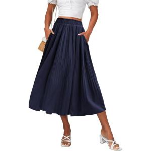 imageZeagoo Womens Midi Skirts High Waisted Pleated ALine Swing Skirts Summer Floral Long Skirts with PocketsNavy Blue
